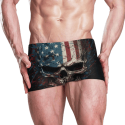 Square Leg Swim Briefs USA Flag Skull Print for Men, Athletic Jammers Swimsuit Shorts Large