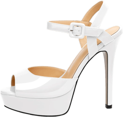 Joseywade Platform Stiletto Heels Women's Peep Toe High Heel Heeled Sandals 5.5 Inch Party Dance Dressy Ankle Strap Shoes 11.5 Patent White