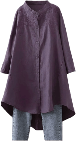 Minibee Women's Cotton Linen Shirt High Low Button Down Embroidered Blouse Long Sleeve Tunic Tops with Pocket X-Large Purple