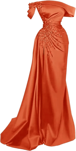 Tsbridal Mermaid Beads Prom Dress for Women with Slit Satin Long Off The Shoulder Formal Evening Party Gown Orange 26 Plus