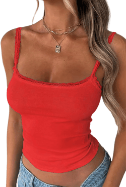 Womens Lace Camisole Ribbed Spaghetti Strap Tank Top Y2K Undershirts Cami Tops Summer Clothes Basics Clothing Large Red