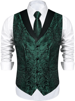 DiBanGu Mens Paisley Suit Vest Silk Jacquard Waistcoat and Necktie Set Formal Shawl Collar Dress Vest 7PCS for Wedding Party X-Large Emerald Green