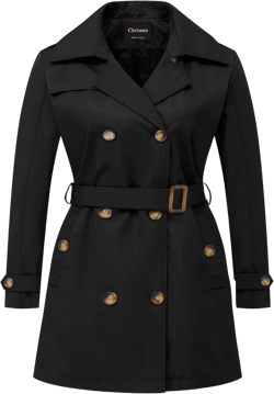 Chrisuno Women's Plus Size Double Breasted Trench Coats Mid-Length Belted Overcoat Dress Jacket with Detachable Hood 3X Black