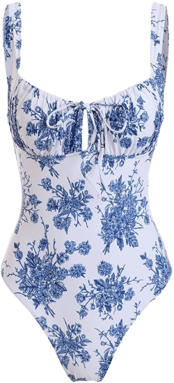 Women’s Tie Floral Sexy One-Piece Tankini Bathing Suits Slimming Swimsuit Large Blue