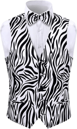 2-Piece Party Suit Vest for Men, Animal Print Waistcoat Vest & Bow Tie X-Large Zebra