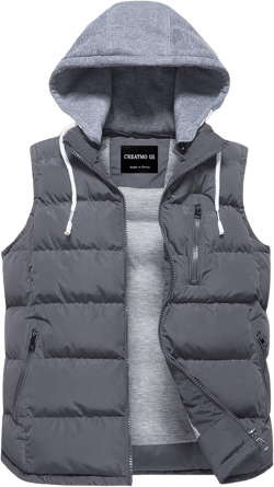CREATMO US Women's Warm Vest Outerwear Thick Padded Puffer Sleeveless Vest With Detachable Hood 3X-Large Grey