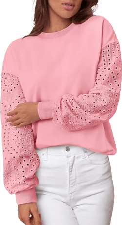 MASCOMODA Fall Fashion 2024 Blouses for Women Dressy Casual Lace Long Sleeve Tops Crewneck Eyelet Knit T Shirts Sweatshirt Pink Large