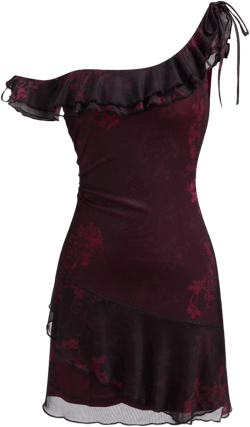 Mesh Asymmetrical Neck Floral Ruffle Hem Ruched Knotted Mini Dress