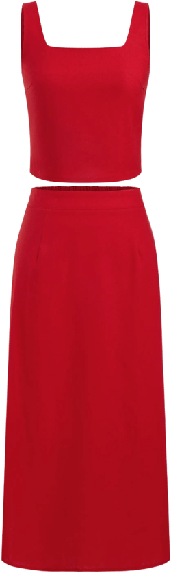 Linen-blend Square Neck Solid Button Crop Tank Top With Mid Rise Split Zipper Maxi Skirt 