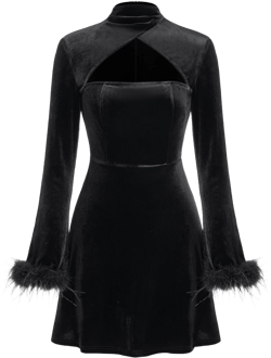 Feather-trim Velvet  Tube Ruffle Mini Dress