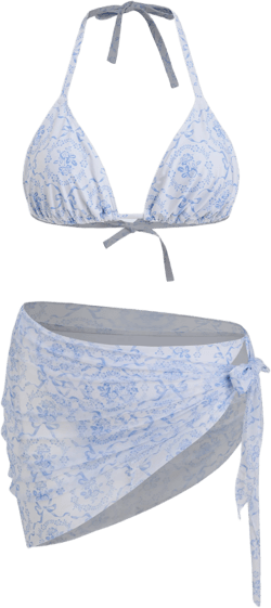 V-neck Floral Halter Cheeky Bikini Set With Bowknot Sarong Curve & Plus