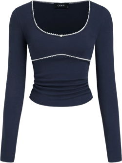 Cotton-blend U-neckline Lettuce Trim Ruched Long Sleeve Tee