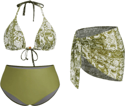 V-neck Floral Beaded Knotted Triangle Full Coverage Bikini Set With Sarong Curve & Plus