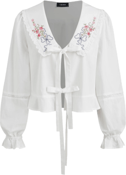 Cotton-blend Doll Neck Floral Tie Front Knotted Long Sleeve Blouse