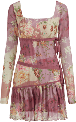 Mesh Square Neck Floral Knotted Mini Dress