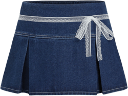 Denim Low Rise Lace Bowknot Pleated Micro Mini Skirt