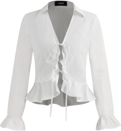 100% Cotton Collar Solid Ruffle Hem Tie Front Blouse