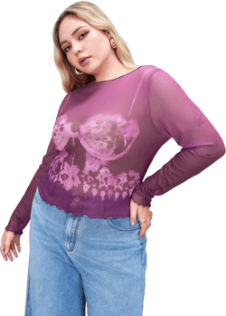 Mesh Round Neck Graphic Long Sleeve Tee Curve & Plus