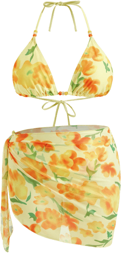 V-neck Floral Beaded Halter Cheeky Bikini Set With Sarong Curve & Plus