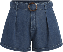 Belted Pleated Wide Leg Denim Shorts Curve & Plus