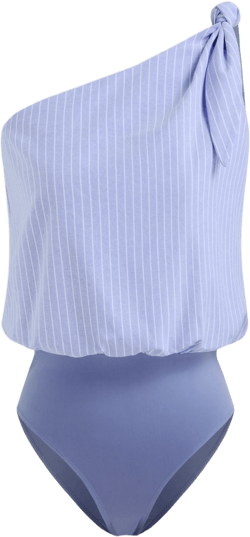 Cotton-blend Asymmetrical Neck Stripe Knotted Shirt Bodysuit