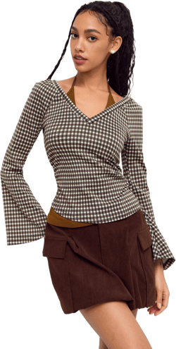 Cotton-blend V-neck Gingham Two Tone Long Sleeve Top