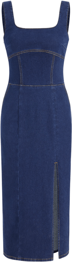Stretch Denim Solid Pocket Split Midi Dress