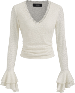 Lace V-neck Floral Ruched Long Sleeve Top