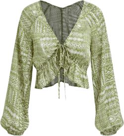 V-neck Paisley Ruffle Trim Knotted Long Sleeve Blouse