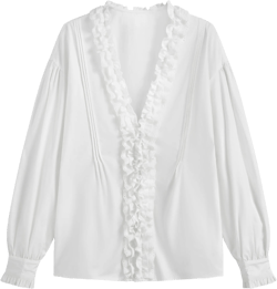 100% Cotton V-neck Solid Button Lettuce Trim Long Sleeve Blouse