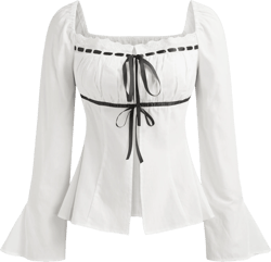 Square Neck Knotted Ruched Long Sleeve Blouse