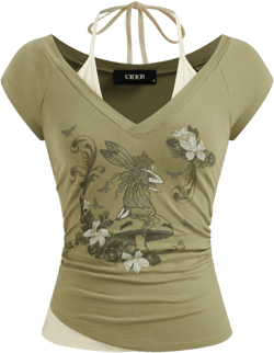 Cotton-blend Halter Neckline Graphic Two Tone Ruched Top 