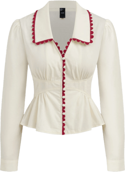100% Cotton Collar Contrasting Binding Ruffle Long Sleeve Blouse