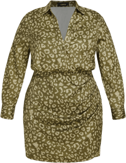 Collar Leopard Ruched Shirt Mini Dress Curve & Plus