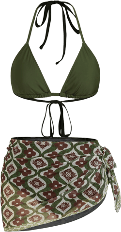 V-neck Halter Full Coverage Bikini Set With Floral Sarong Curve & Plus
