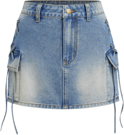 Denim Low Rise Solid Lace Up Cargo Mini Skirt