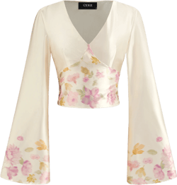 V-neck Floral Knotted Crop Long Sleeve Blouse
