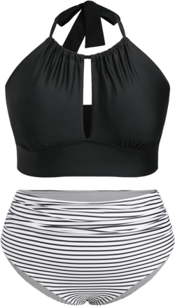 Shaping Striped Halter Full Coverage Bikini Swimsuit Curve & Plus