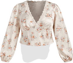Satin V-neck Floral Lace Trim Long Sleeve Crop Blouse Curve & Plus