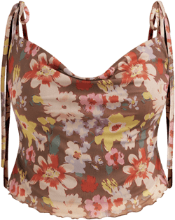 Mesh Cowl Neck Floral Knotted Top Curve & Plus