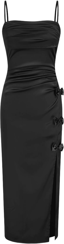 Satin Square Neck Ruched Split Bowknot Midi Dress