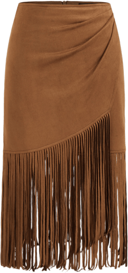 Suede Mid Rise Ruched Fringe Maxi Skirt