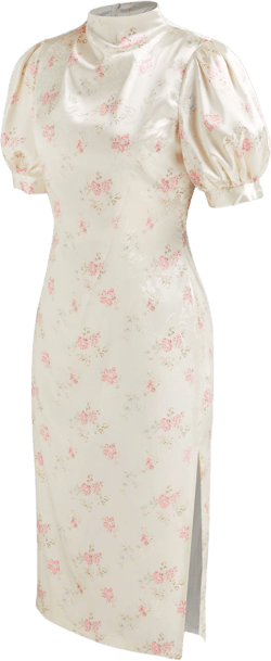 Satin Stand Collar Floral Split Midi Cheongsam Dress
