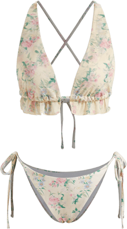 V-neck Floral Criss Cross Bracelet Tie Side Bikini Set
