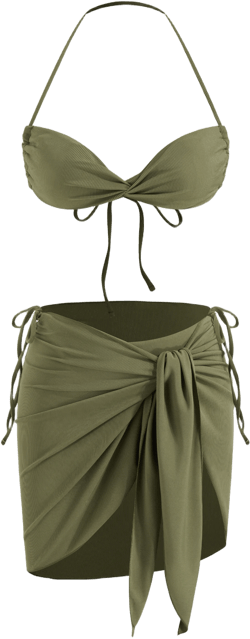 Ribbing V-neck Twist Knotted Halter Bikini Set With Sarong