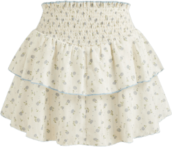 Mid Rise Floral Shirred Layered Mini Skirt