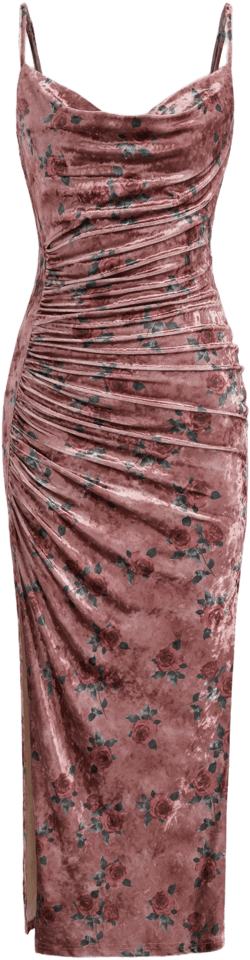 Velvet Cowl Neck Floral Split Ruched Midi Dress