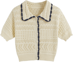 Knit Collar Contrasting Binding Button Crop Short Sleeve Top