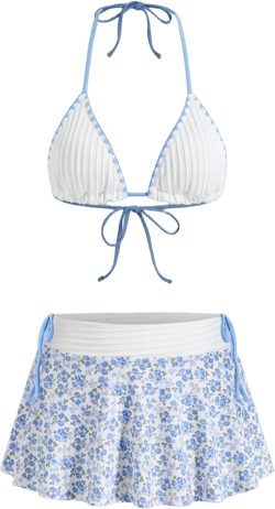 Rib Halter Neckline Contrasting Binding Triangle Bikini Set & Floral Cover Up Skirt