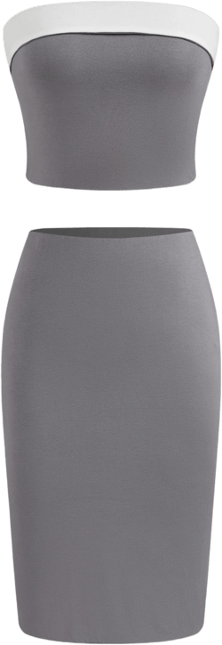 Two Way Strapless Solid Contrasting Binding Crop Tube Top & Mid Rise Midi Skirt